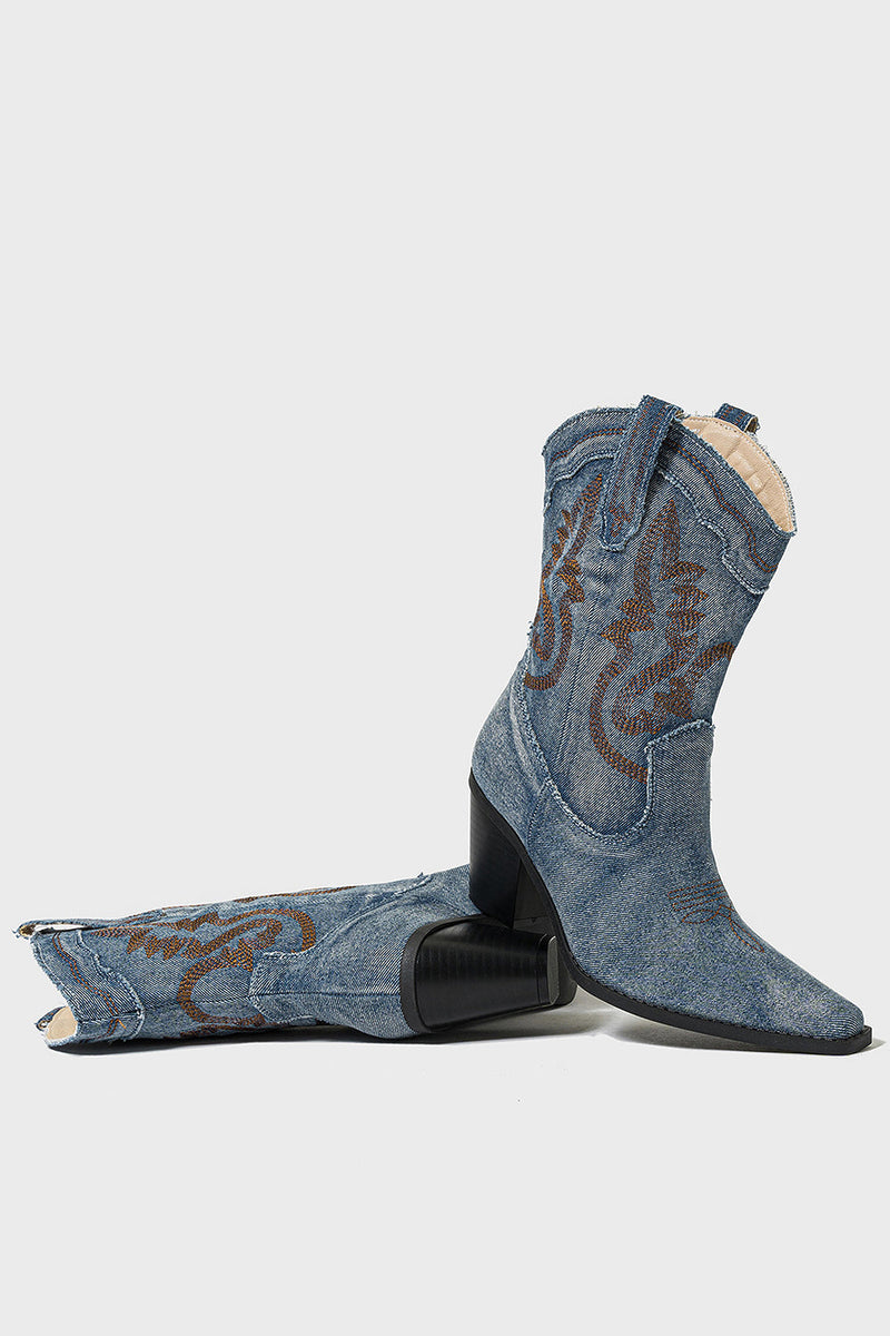Laden Sie das Bild in den Galerie-Viewer, Dunkelblaue Bestickte Breite Schaft Western Cowgirl Stiefel mit Blockabsatz