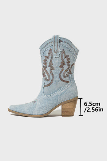 Dunkelblaue Bestickte Breite Schaft Western Cowgirl Stiefel mit Blockabsatz
