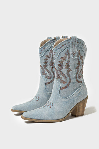 Dunkelblaue Bestickte Breite Schaft Western Cowgirl Stiefel mit Blockabsatz