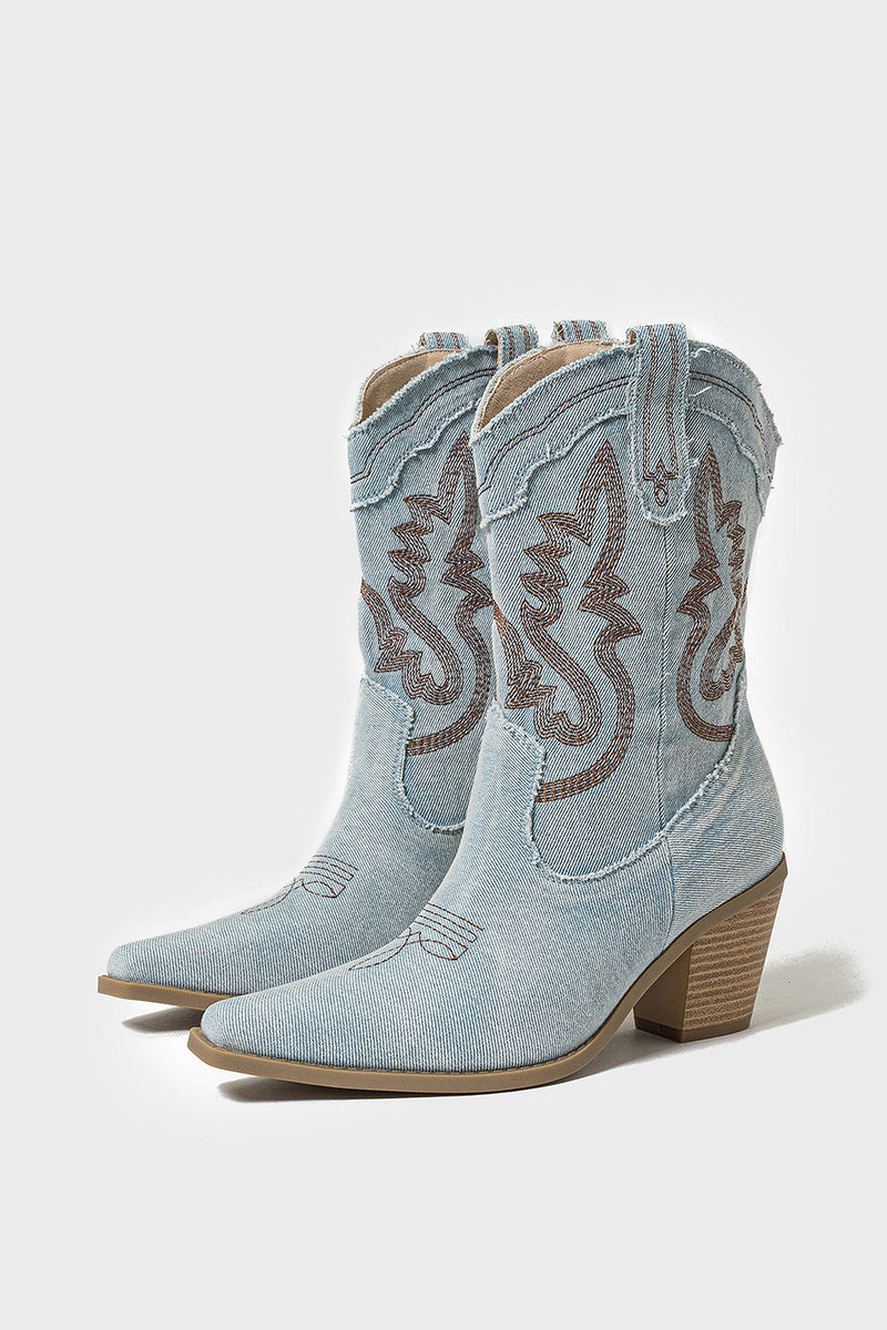 Laden Sie das Bild in den Galerie-Viewer, Dunkelblaue Bestickte Breite Schaft Western Cowgirl Stiefel mit Blockabsatz