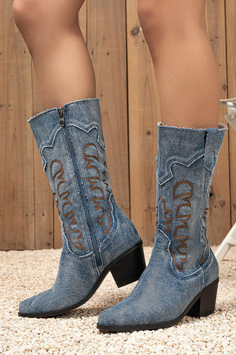 Dunkelblaue Bestickte Mittelhohe Cowgirl Stiefel mit Blockabsatz