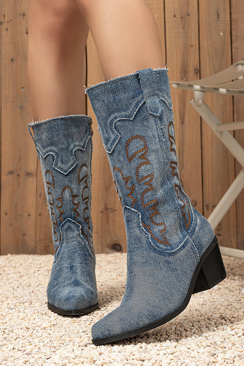 Laden Sie das Bild in den Galerie-Viewer, Dunkelblaue Bestickte Mittelhohe Cowgirl Stiefel mit Blockabsatz