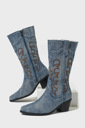 Dunkelblaue Bestickte Mittelhohe Cowgirl Stiefel mit Blockabsatz