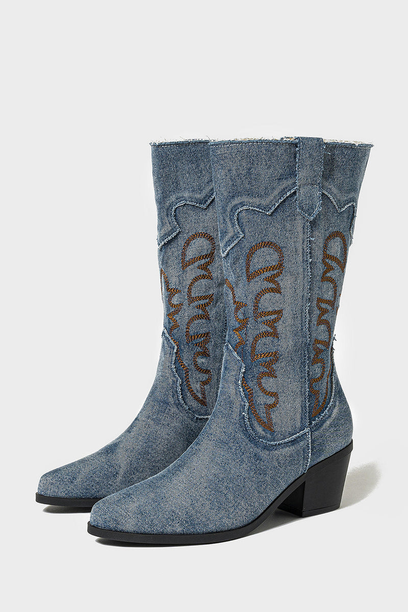 Laden Sie das Bild in den Galerie-Viewer, Dunkelblaue Bestickte Mittelhohe Cowgirl Stiefel mit Blockabsatz