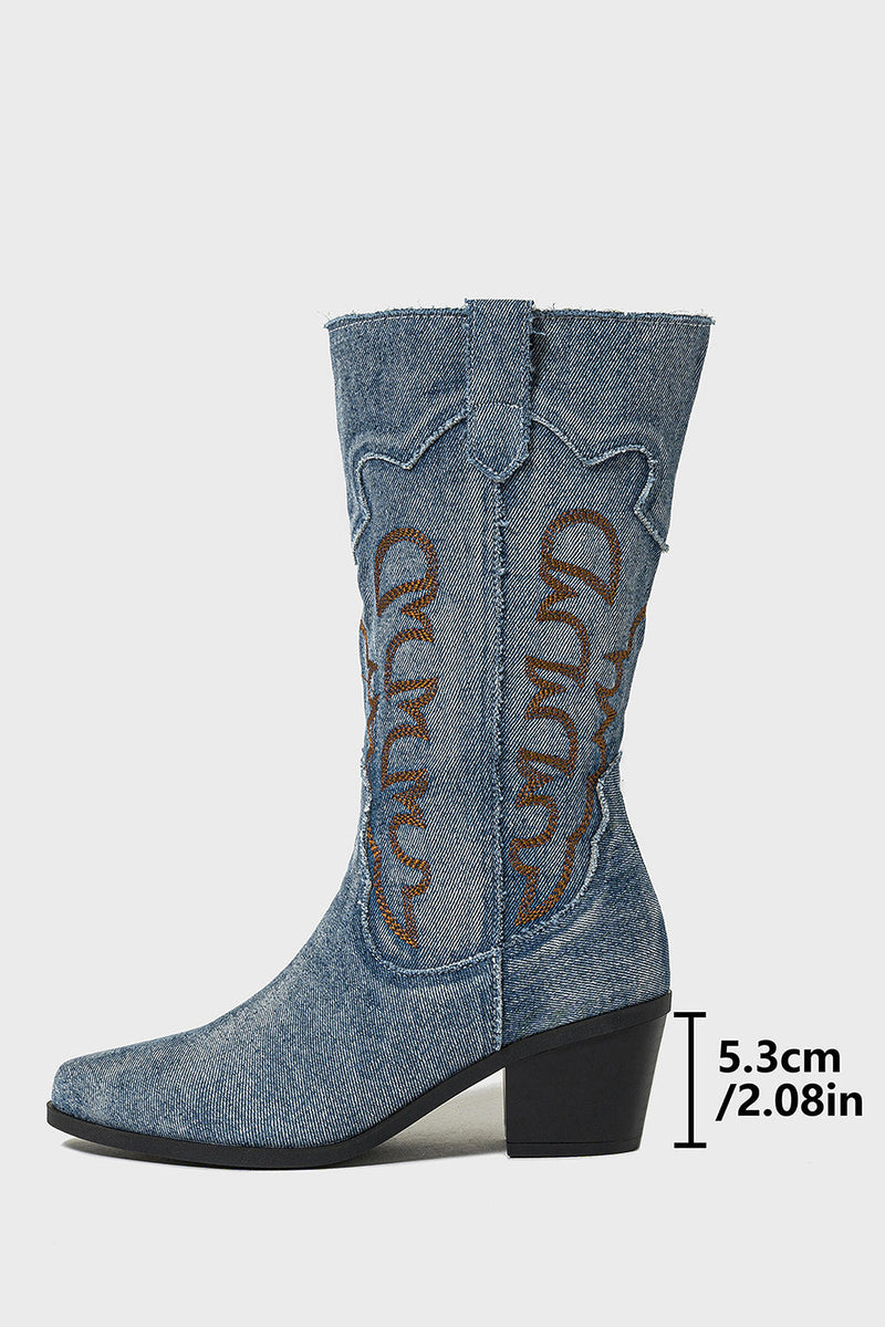Laden Sie das Bild in den Galerie-Viewer, Dunkelblaue Bestickte Mittelhohe Cowgirl Stiefel mit Blockabsatz