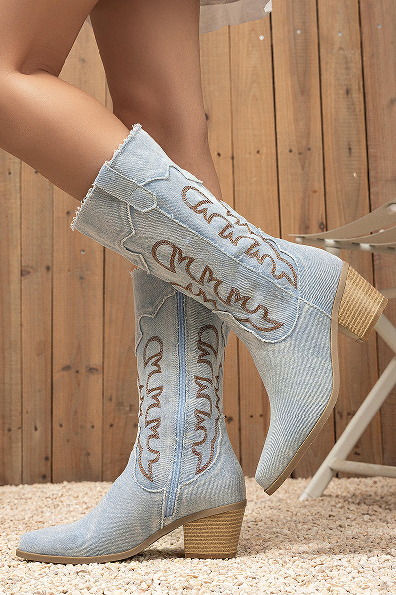 Laden Sie das Bild in den Galerie-Viewer, Dunkelblaue Bestickte Mittelhohe Cowgirl Stiefel mit Blockabsatz