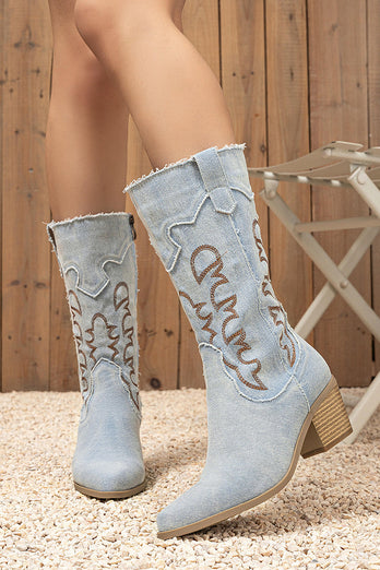 Dunkelblaue Bestickte Mittelhohe Cowgirl Stiefel mit Blockabsatz
