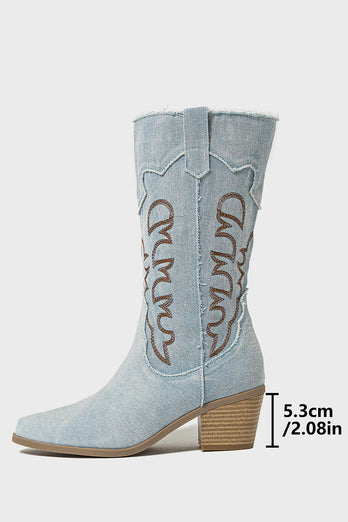 Dunkelblaue Bestickte Mittelhohe Cowgirl Stiefel mit Blockabsatz