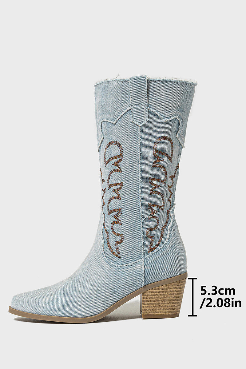 Laden Sie das Bild in den Galerie-Viewer, Dunkelblaue Bestickte Mittelhohe Cowgirl Stiefel mit Blockabsatz