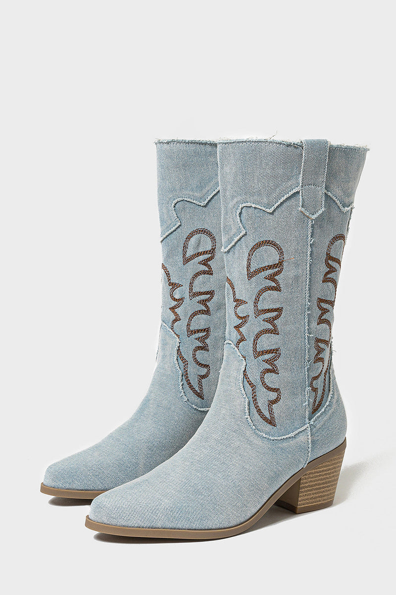 Laden Sie das Bild in den Galerie-Viewer, Dunkelblaue Bestickte Mittelhohe Cowgirl Stiefel mit Blockabsatz