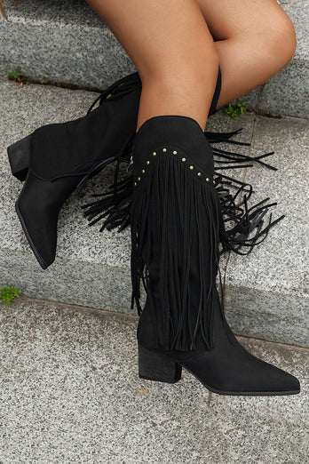 Braune Leoparden Mittelhohe Cowgirl Stiefel mit Fransen und Blockabsatz