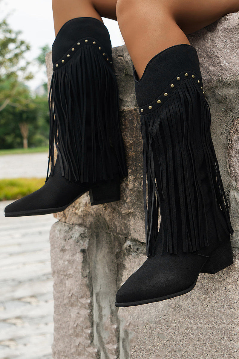 Laden Sie das Bild in den Galerie-Viewer, Braune Leoparden Mittelhohe Cowgirl Stiefel mit Fransen und Blockabsatz