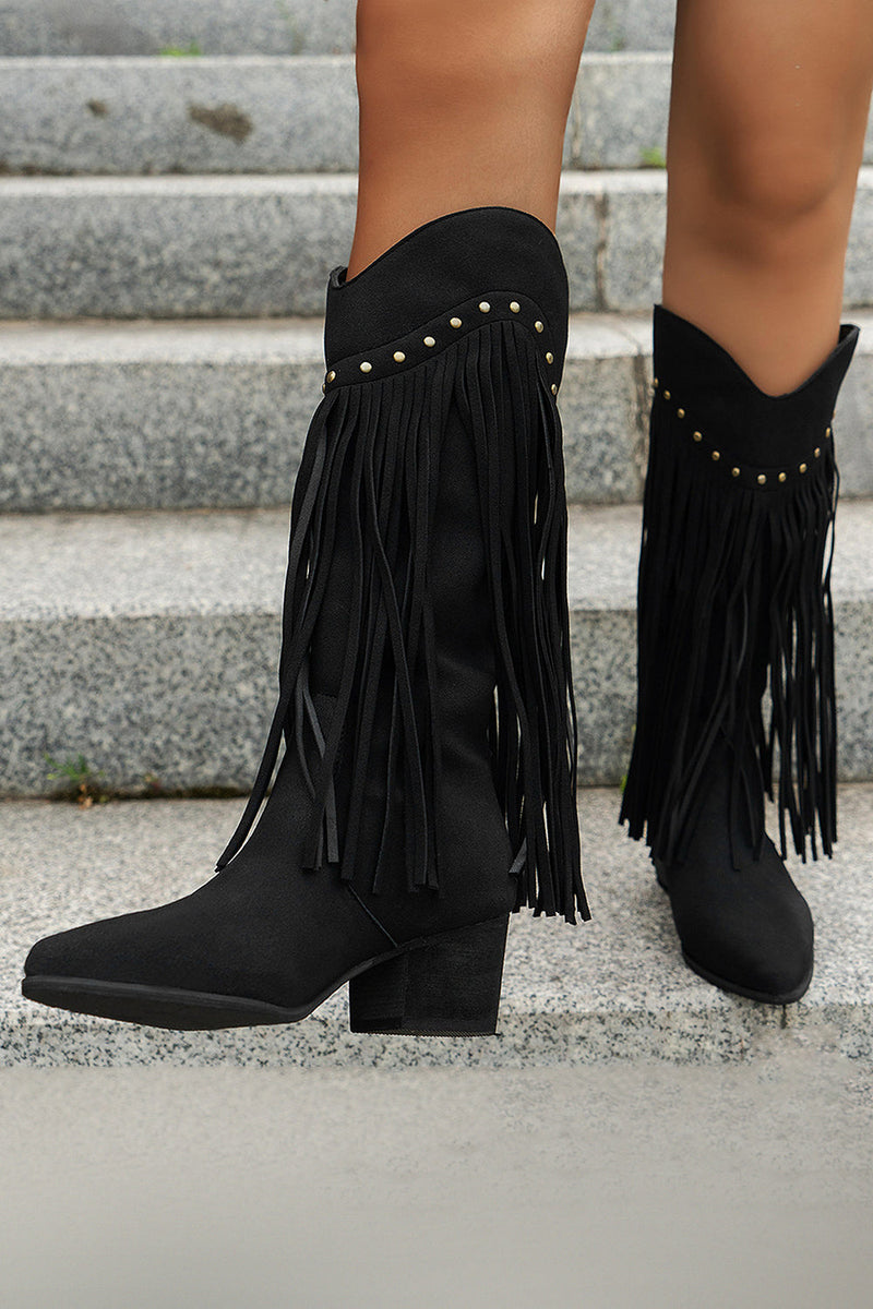 Laden Sie das Bild in den Galerie-Viewer, Braune Leoparden Mittelhohe Cowgirl Stiefel mit Fransen und Blockabsatz