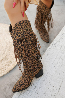 Braune Leoparden Mittelhohe Cowgirl Stiefel mit Fransen und Blockabsatz