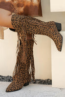 Laden Sie das Bild in den Galerie-Viewer, Braune Leoparden Mittelhohe Cowgirl Stiefel mit Fransen und Blockabsatz