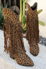 Laden Sie das Bild in den Galerie-Viewer, Braune Leoparden Mittelhohe Cowgirl Stiefel mit Fransen und Blockabsatz