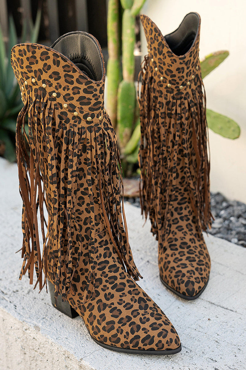 Laden Sie das Bild in den Galerie-Viewer, Braune Leoparden Mittelhohe Cowgirl Stiefel mit Fransen und Blockabsatz