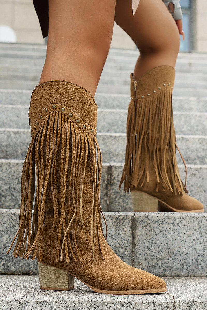 Laden Sie das Bild in den Galerie-Viewer, Braune Leoparden Mittelhohe Cowgirl Stiefel mit Fransen und Blockabsatz