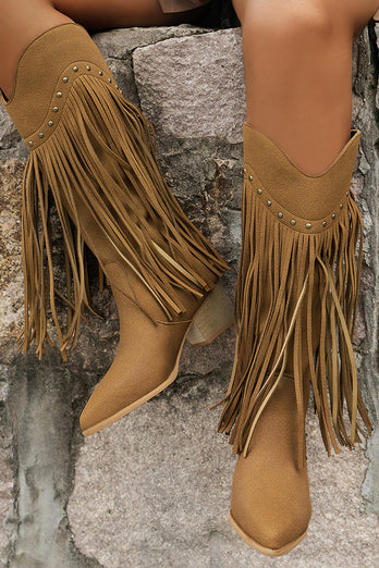Braune Leoparden Mittelhohe Cowgirl Stiefel mit Fransen und Blockabsatz
