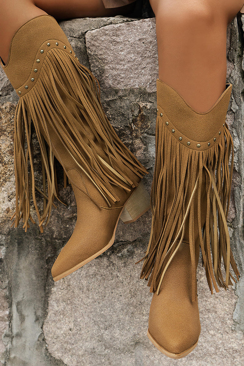 Laden Sie das Bild in den Galerie-Viewer, Braune Leoparden Mittelhohe Cowgirl Stiefel mit Fransen und Blockabsatz