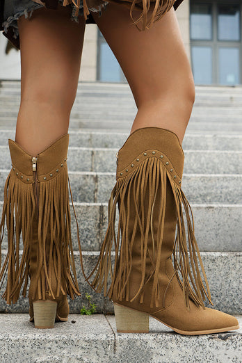 Braune Leoparden Mittelhohe Cowgirl Stiefel mit Fransen und Blockabsatz