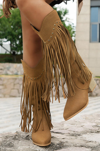 Braune Leoparden Mittelhohe Cowgirl Stiefel mit Fransen und Blockabsatz