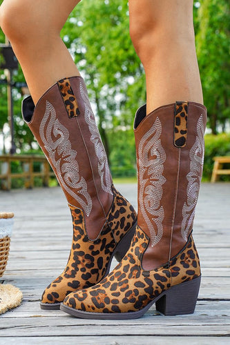 Braune Leoparden Breite Schaft Western Cowgirl Stiefel mit Spitzzehe und Blockabsatz