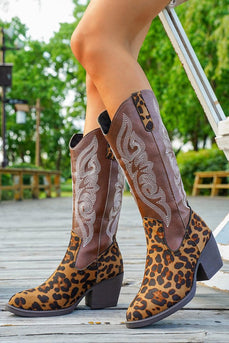 Braune Leoparden Breite Schaft Western Cowgirl Stiefel mit Spitzzehe und Blockabsatz