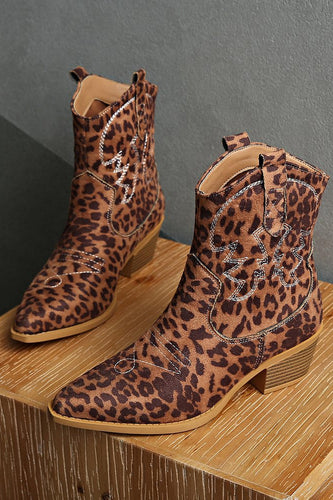 Braune Leoparden Breite Schaft Cowgirl Stiefel mit Spitzzehe und Knöchelhoch
