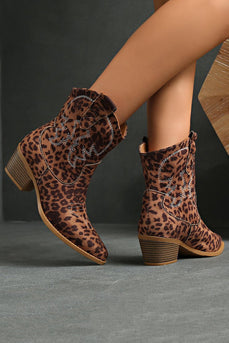 Braune Leoparden Breite Schaft Cowgirl Stiefel mit Spitzzehe und Knöchelhoch