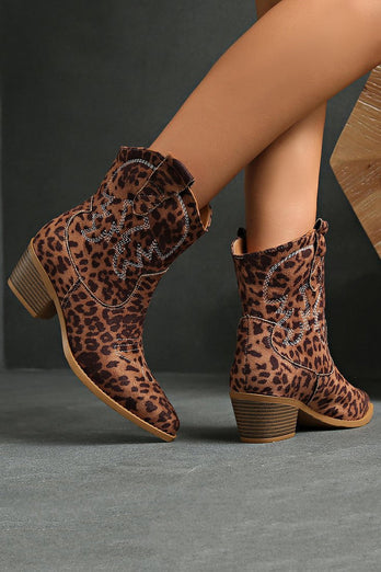 Braune Leoparden Breite Schaft Cowgirl Stiefel mit Spitzzehe und Knöchelhoch