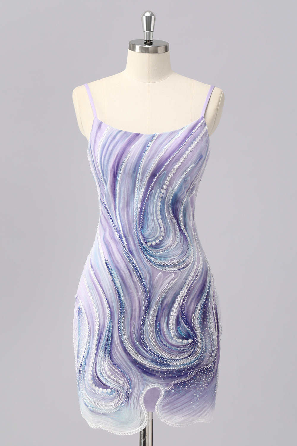 Glitzer Lilac Spaghettiträger Enge Kurze Ball Kleid mit Perlen