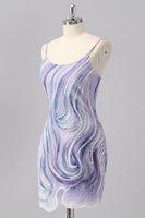 Laden Sie das Bild in den Galerie-Viewer, Glitzer Lilac Spaghettiträger Enge Kurze Ball Kleid mit Perlen