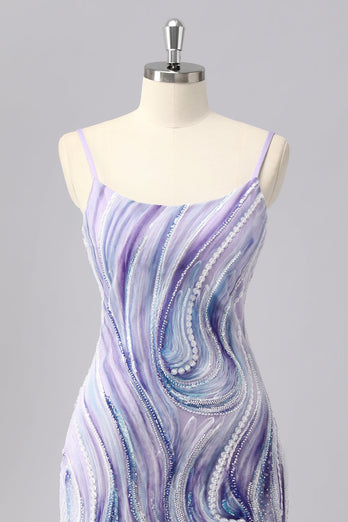 Glitzer Lilac Spaghettiträger Enge Kurze Ball Kleid mit Perlen