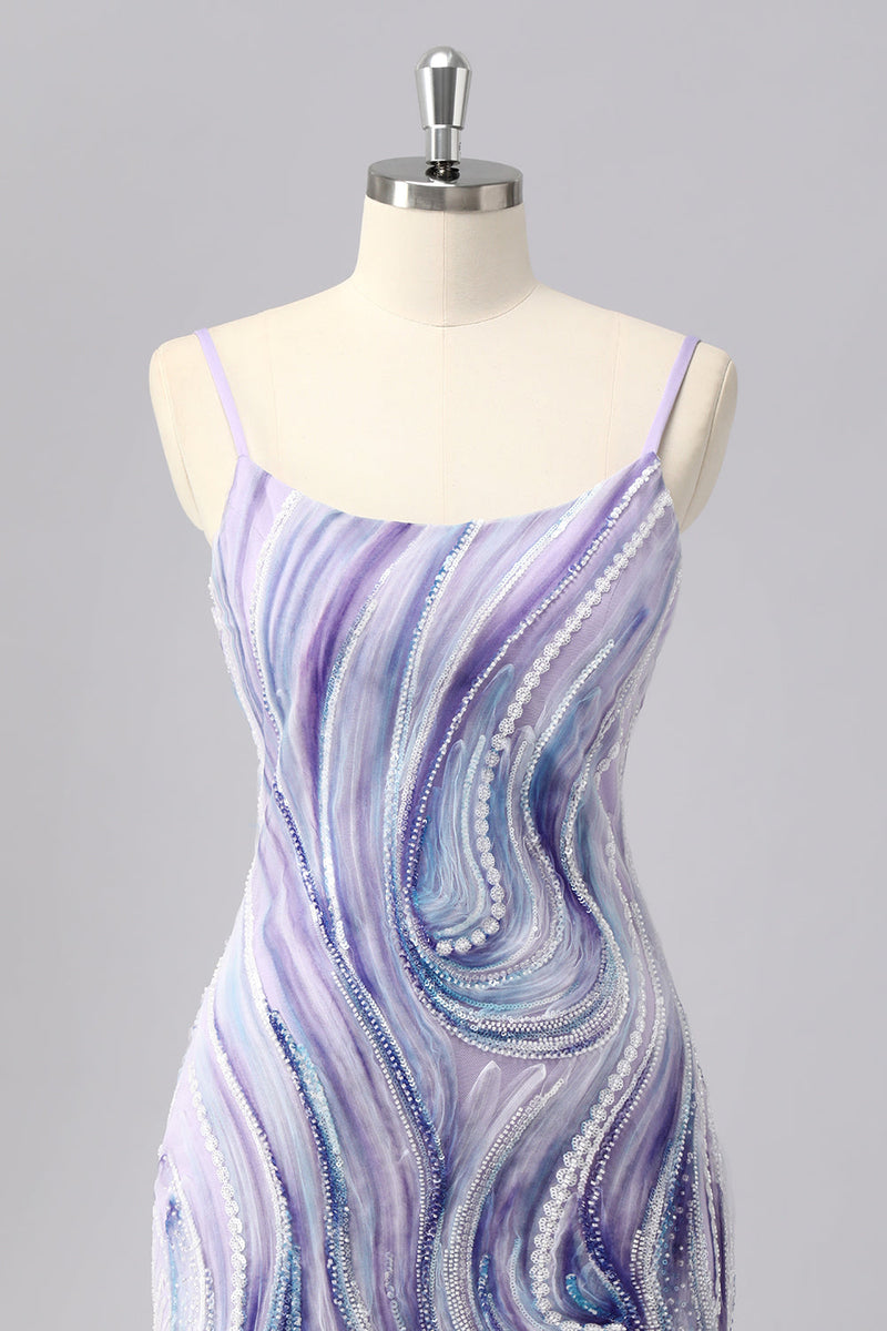 Laden Sie das Bild in den Galerie-Viewer, Glitzer Lilac Spaghettiträger Enge Kurze Ball Kleid mit Perlen
