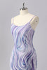 Laden Sie das Bild in den Galerie-Viewer, Glitzer Lilac Spaghettiträger Enge Kurze Ball Kleid mit Perlen