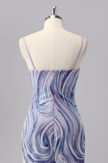 Glitzer Lilac Spaghettiträger Enge Kurze Ball Kleid mit Perlen