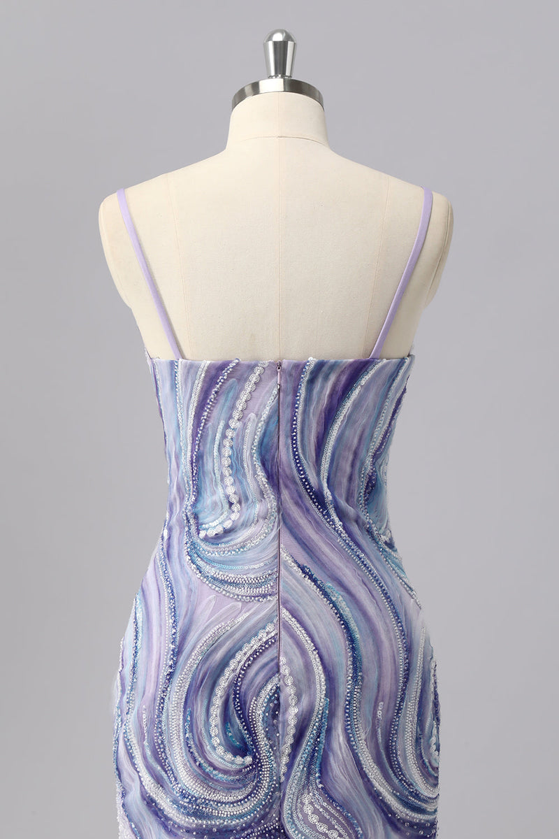 Laden Sie das Bild in den Galerie-Viewer, Glitzer Lilac Spaghettiträger Enge Kurze Ball Kleid mit Perlen