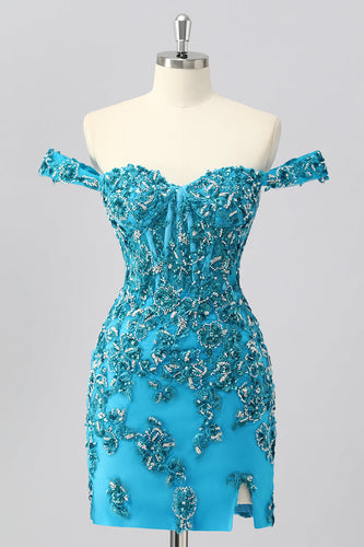 Glitzer Blau Schulterfreie Kurze Korsett Ball Kleid mit Perlen