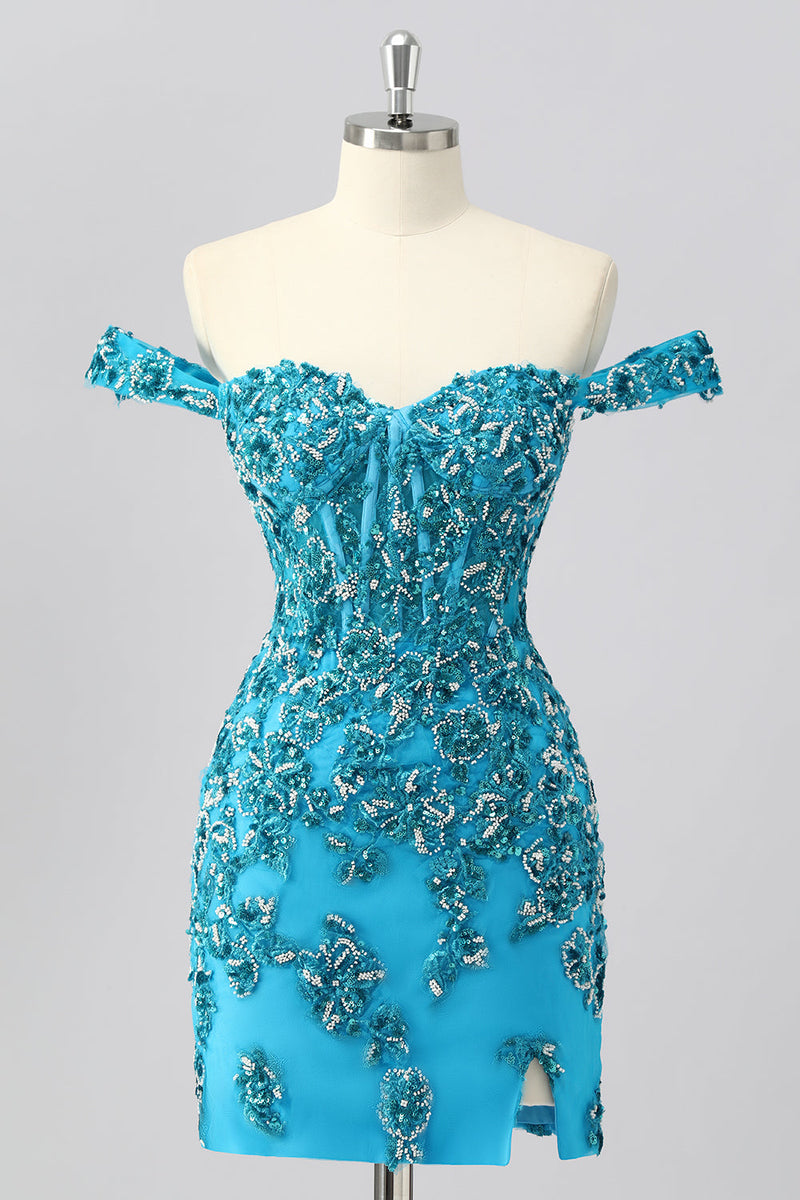 Laden Sie das Bild in den Galerie-Viewer, Glitzer Blau Schulterfreie Kurze Korsett Ball Kleid mit Perlen