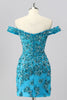 Laden Sie das Bild in den Galerie-Viewer, Glitzer Blau Schulterfreie Kurze Korsett Ball Kleid mit Perlen