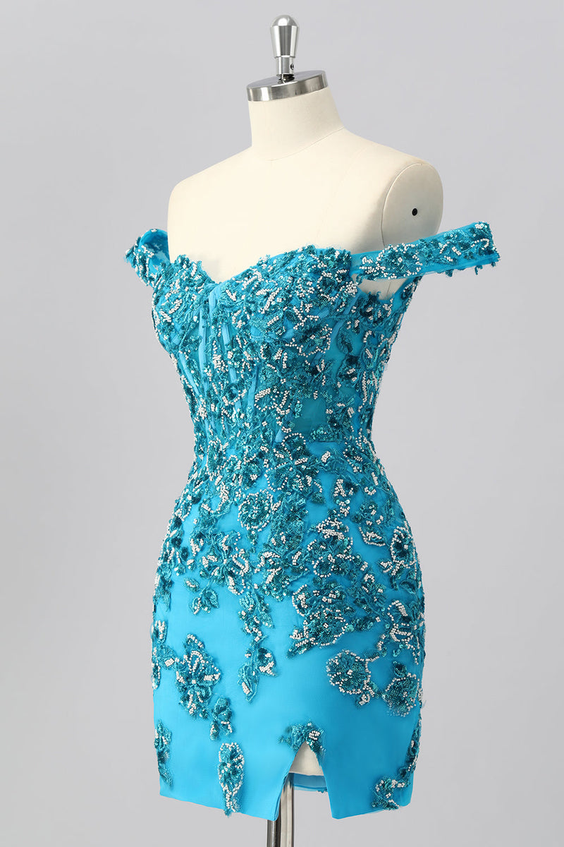 Laden Sie das Bild in den Galerie-Viewer, Glitzer Blau Schulterfreie Kurze Korsett Ball Kleid mit Perlen
