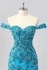 Laden Sie das Bild in den Galerie-Viewer, Glitzer Blau Schulterfreie Kurze Korsett Ball Kleid mit Perlen