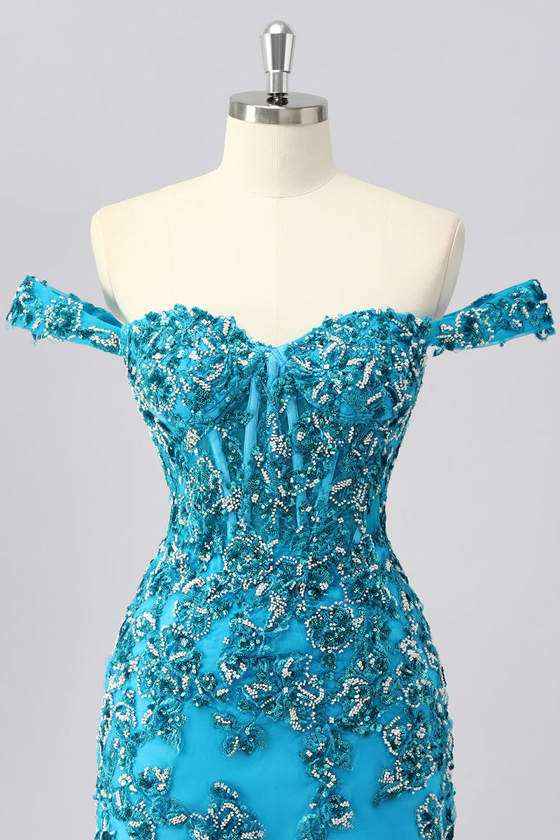 Laden Sie das Bild in den Galerie-Viewer, Glitzer Blau Schulterfreie Kurze Korsett Ball Kleid mit Perlen
