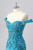 Laden Sie das Bild in den Galerie-Viewer, Glitzer Blau Schulterfreie Kurze Korsett Ball Kleid mit Perlen