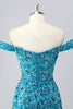 Laden Sie das Bild in den Galerie-Viewer, Glitzer Blau Schulterfreie Kurze Korsett Ball Kleid mit Perlen
