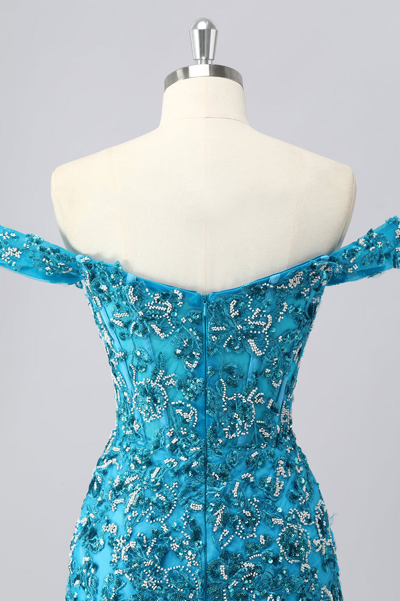 Laden Sie das Bild in den Galerie-Viewer, Glitzer Blau Schulterfreie Kurze Korsett Ball Kleid mit Perlen