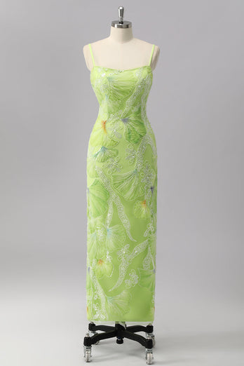 Glitzer Grün Etui Perlen Lange Ball Kleid mit Schlitz