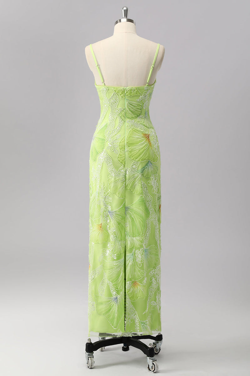 Laden Sie das Bild in den Galerie-Viewer, Glitzer Grün Etui Perlen Lange Ball Kleid mit Schlitz