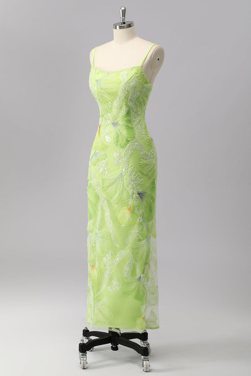 Laden Sie das Bild in den Galerie-Viewer, Glitzer Grün Etui Perlen Lange Ball Kleid mit Schlitz